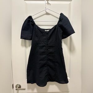Abercrombie & Fitch Linen Black Mini Dress with Puff Sleeves Size MP